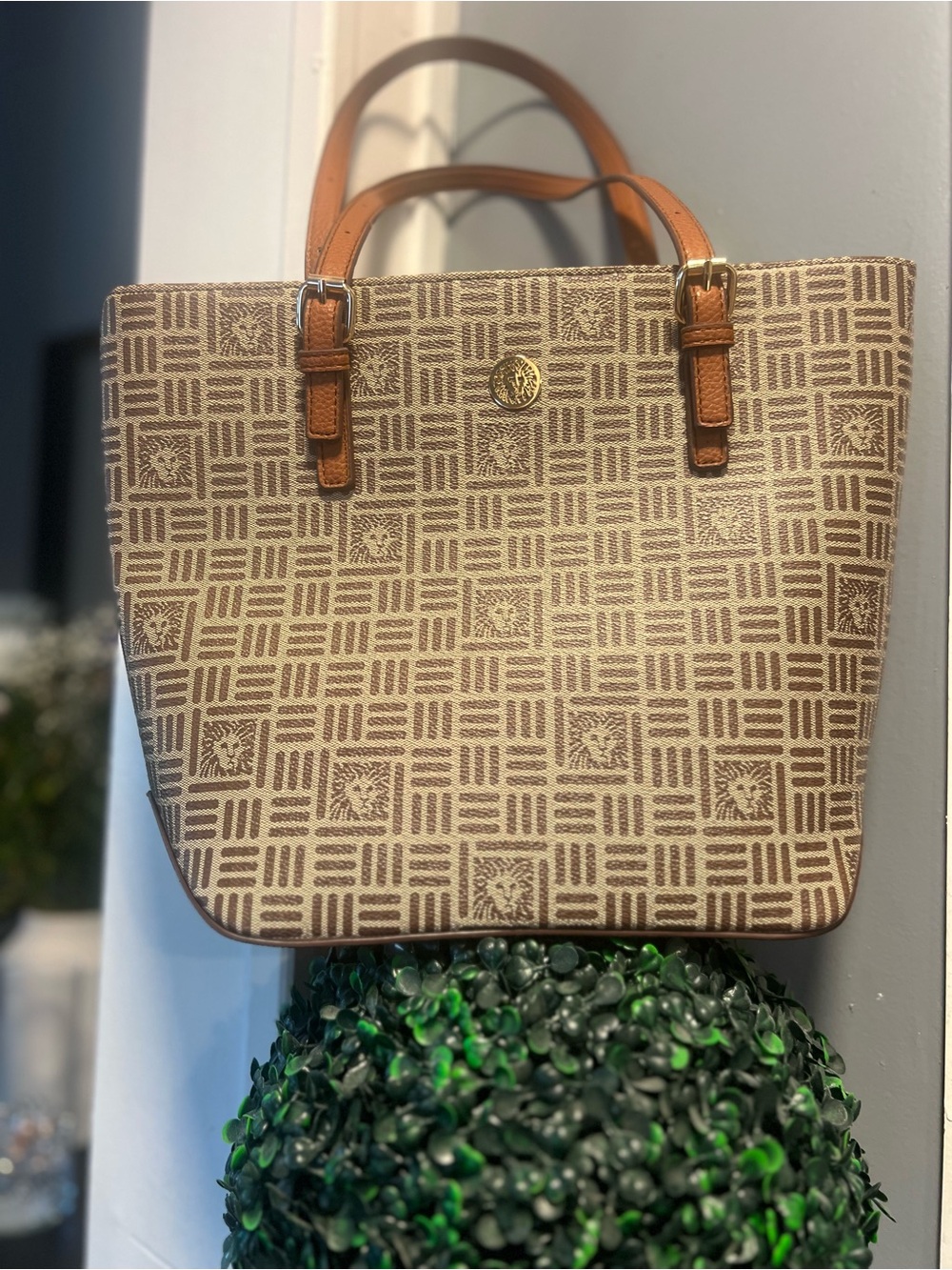 Anne Klein Beige Patterned Tote with Tan Handles